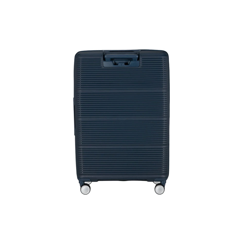 Large Samsonite Paralux trolley with sturdy handle and four wheels, designed for unisex travel and large luggage transport.