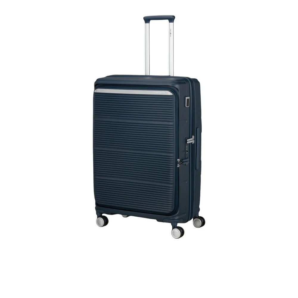 Large Samsonite Paralux trolley in black with sturdy wheels and telescopic handle, designed for unisex travel and luggage transport.