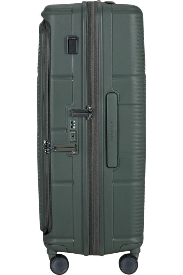 Large Samsonite Paralux trolley suitcase with sturdy exterior and extended handle, designed for unisex travel and large luggage needs.