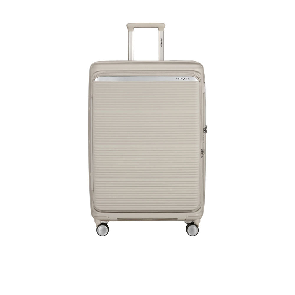 Large Samsonite Paralux trolley luggage with expandable design, four wheels, and sturdy handle for unisex travel use.