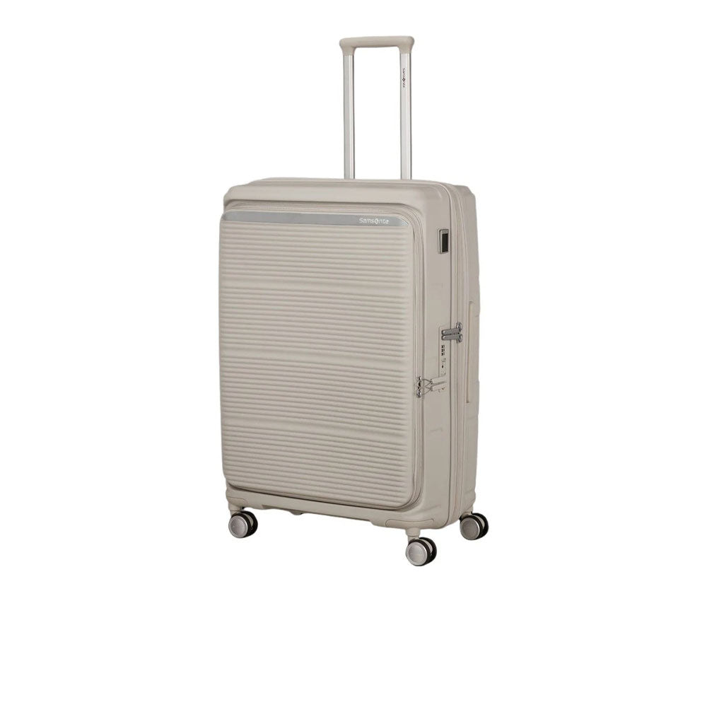 Large Samsonite Paralux trolley suitcase with sturdy handle and four wheels, designed for unisex travel and large luggage needs.