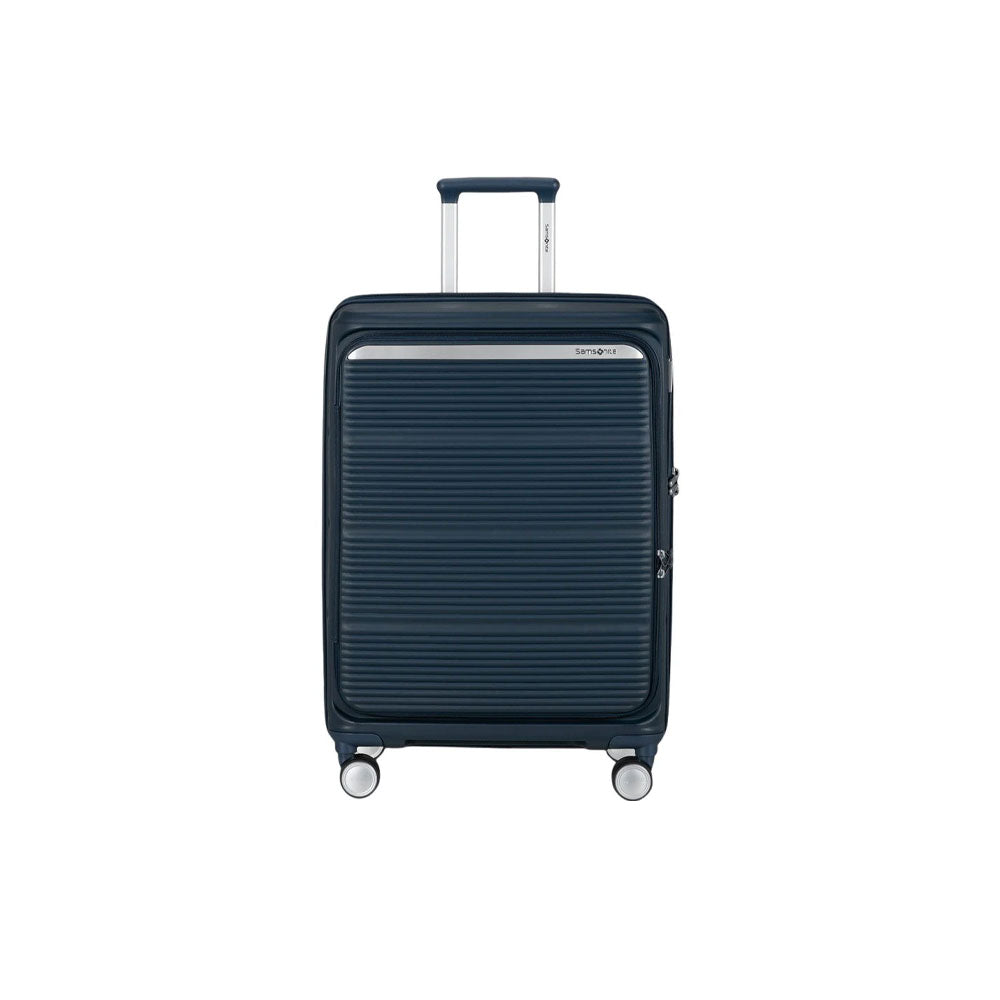 Samsonite Paralux Medium Trolley in unisex travel luggage, showing durable hard shell, handle, and wheels for easy rolling.