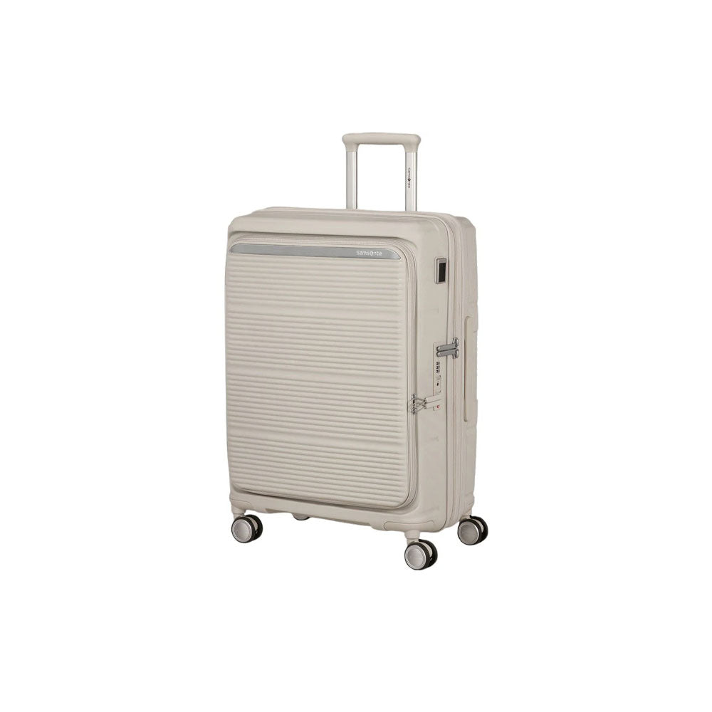 Samsonite Paralux Medium Trolley with four wheels, black hard shell exterior, telescopic handle, and secure zipper closure for travel.