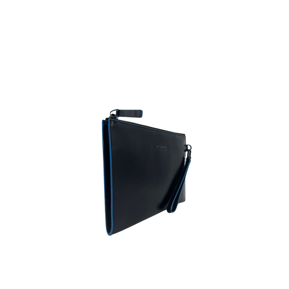 Unisex Piquadro iPad Mini pouch in black leather with sleek design, compact accessory for carrying small essentials.