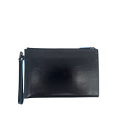 Unisex Piquadro iPad Mini pouch in durable black leather with minimalist design, featuring zip closure and compact size.