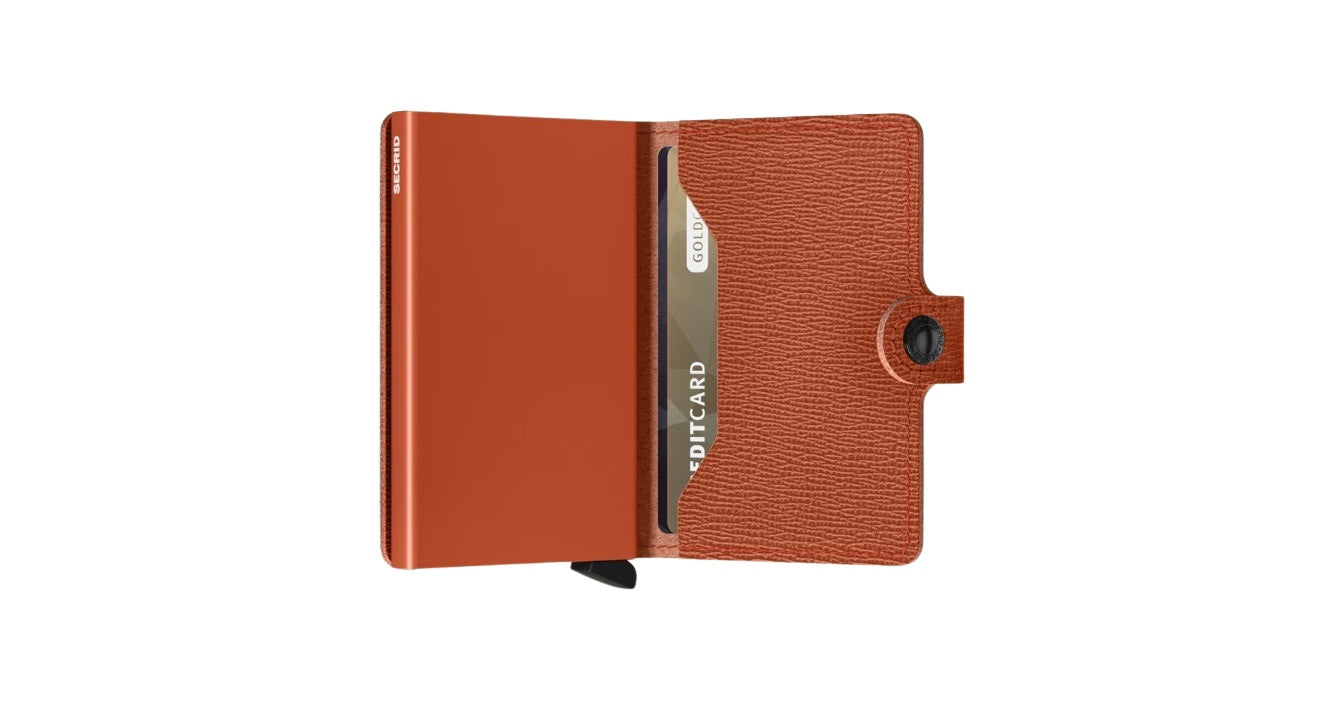 Secrid Miniwallet Crisple portable cardholder with textured leather exterior, designed for carrying credit cards and IDs.
