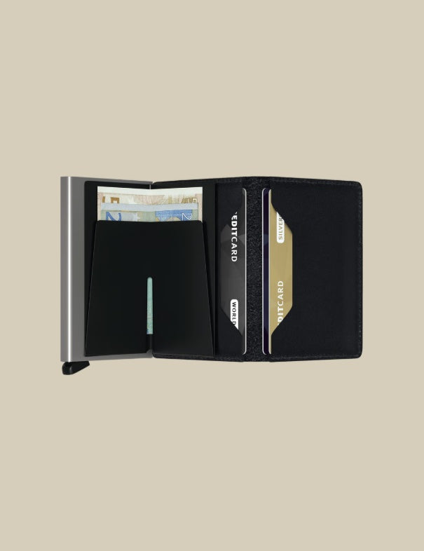Secrid Slimwallet Original Porta carte unisex with sleek black leather exterior and compact design for credit cards and documents.