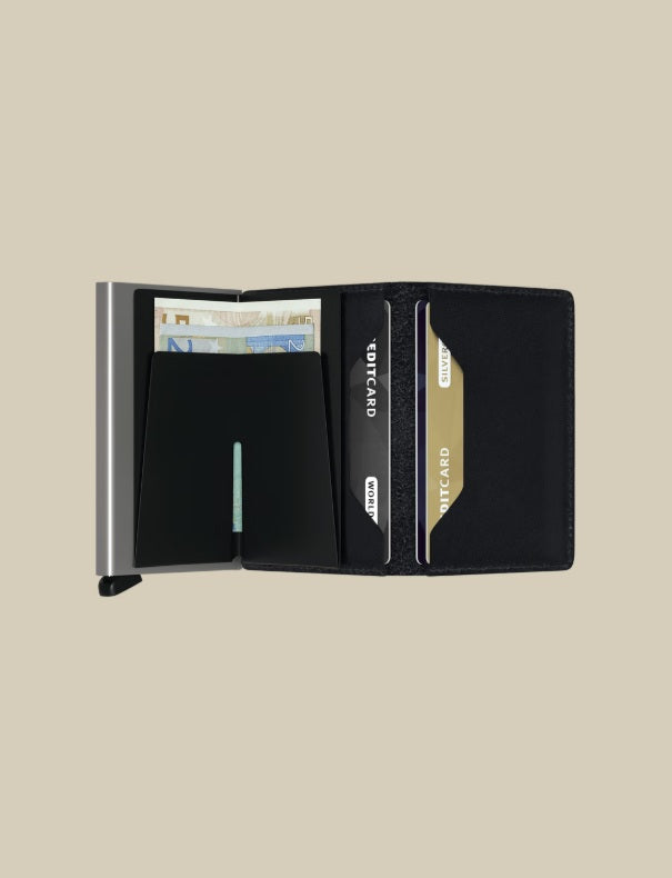 Secrid Slimwallet Original Porta carte unisex with sleek black leather exterior and compact design for credit cards and documents.