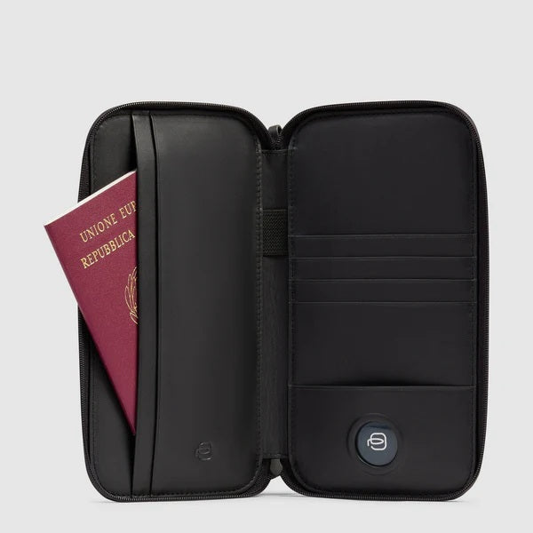 Lyss Piquadro unisex passport holder with sleek leather design and multiple card slots for travel accessories.