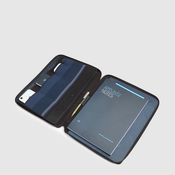 Unisex Piquadro Portablocco Lyss with tablet compartment, made of black leather, showing the sleek design and organization features.