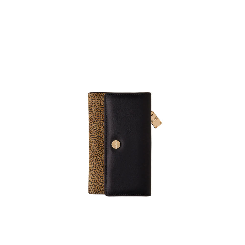 Medium graffiti-patterned Borbonese wallet with flap, women's accessory, featuring colorful design and compact wallet interior.
