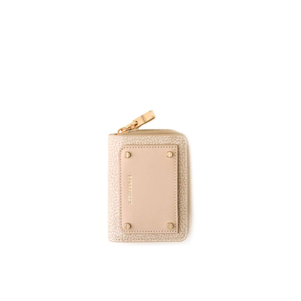 Small zip around wallet by Borbonese with graffiti design, featuring multiple card slots and compact feminine accessory.