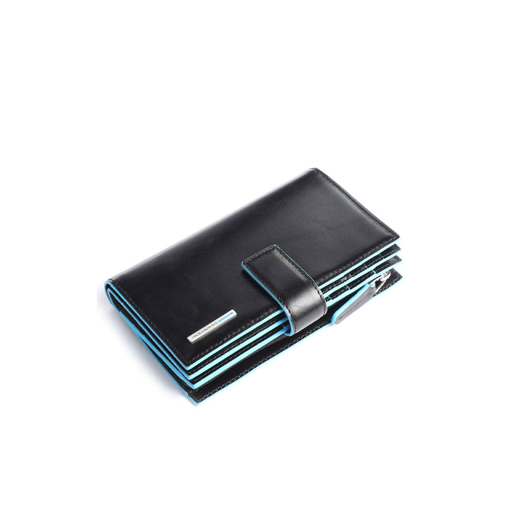 Blue Square Piquadro women's wallet with sleek design and multiple card slots, made of high-quality leather.