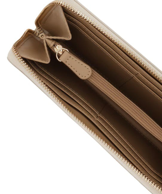 Love Moschino women's wallet with colorful logo design, compact leather accessory for women, featuring multiple card slots and zip closure.