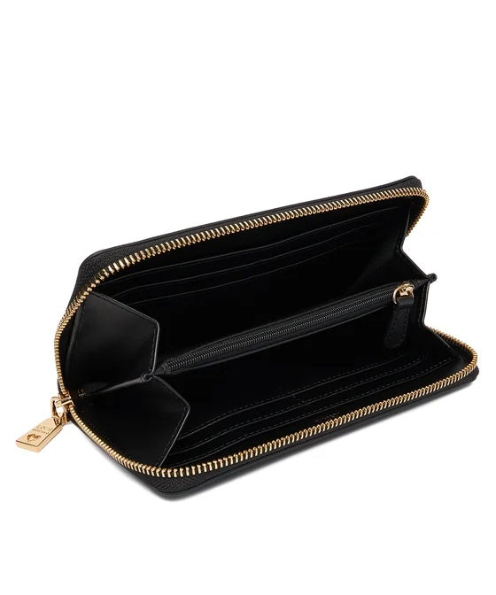 Love Moschino women's wallet, stylish accessory with bold design and branded logo, open to reveal multiple card slots and interior pockets.