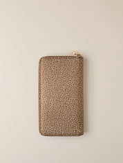 Large Borbonese women's wallet with textured leather, gold-tone logo hardware, and multiple card slots.