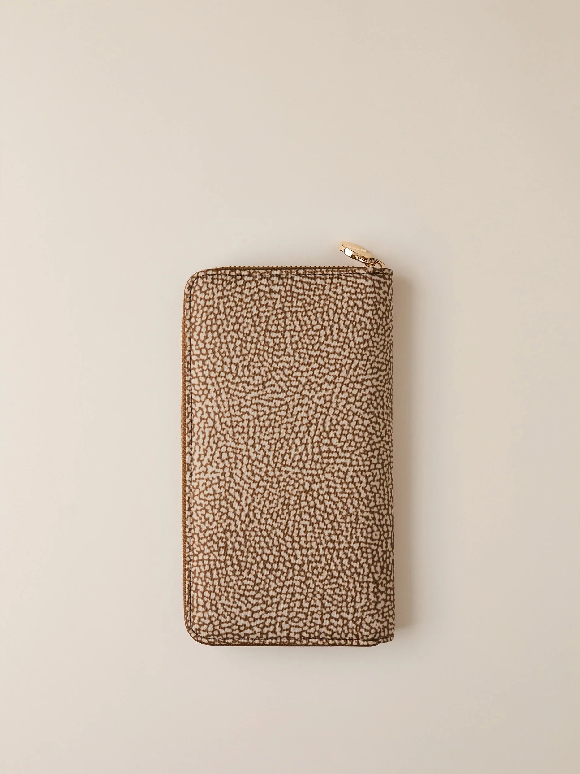 Large Borbonese women's wallet with textured leather, gold-tone logo hardware, and multiple card slots.