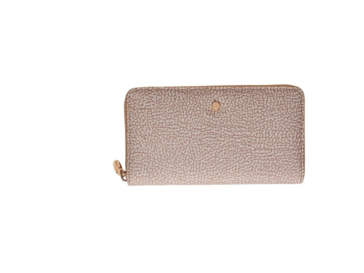 Large Borbonese wallet showing beige leather exterior with subtle branding and multiple card slots, stylish accessory for women.