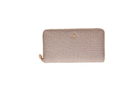 Large Borbonese wallet showing beige leather exterior with subtle branding and multiple card slots, stylish accessory for women.