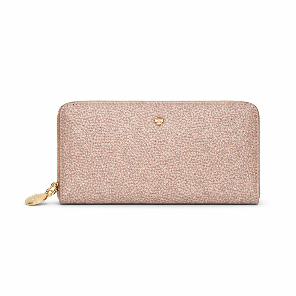 Large Borbonese women's wallet with multiple card slots and textured leather, displayed open showing interior compartments.