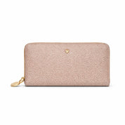 Large Borbonese women's wallet with multiple card slots and textured leather, displayed open showing interior compartments.