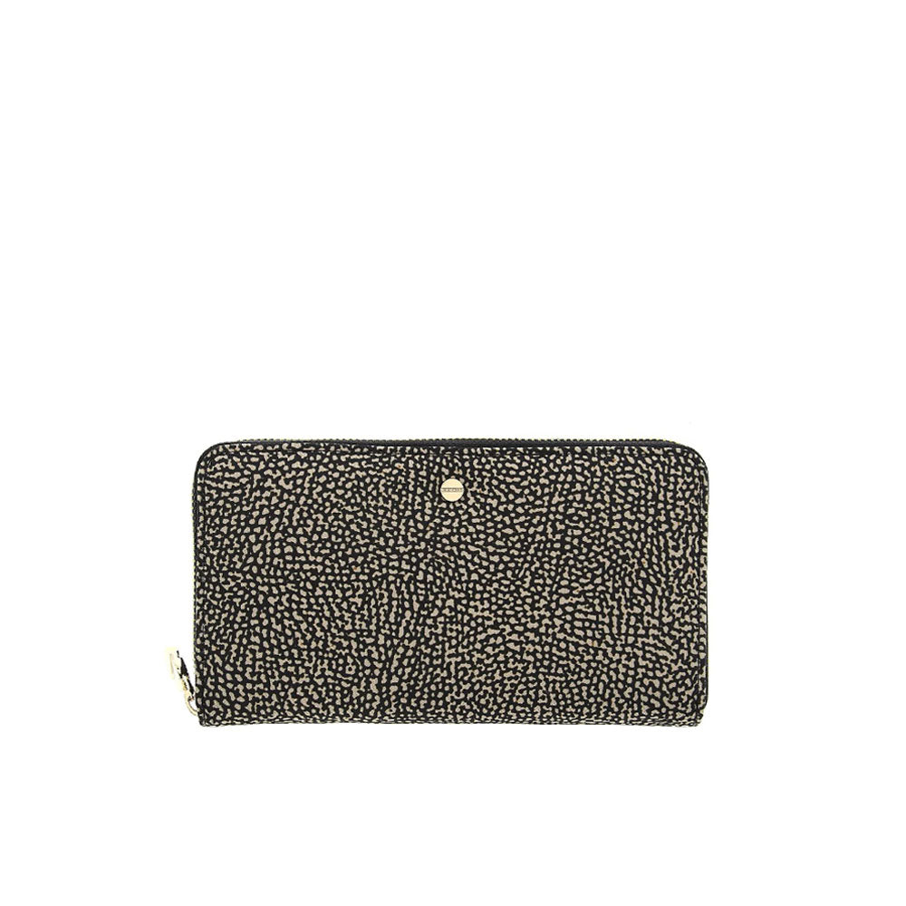 Large Borbonese women's wallet with textured leather and multiple card slots, featuring sleek design and signature branding.