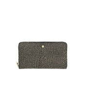Large Borbonese women's wallet with textured leather and multiple card slots, featuring sleek design and signature branding.