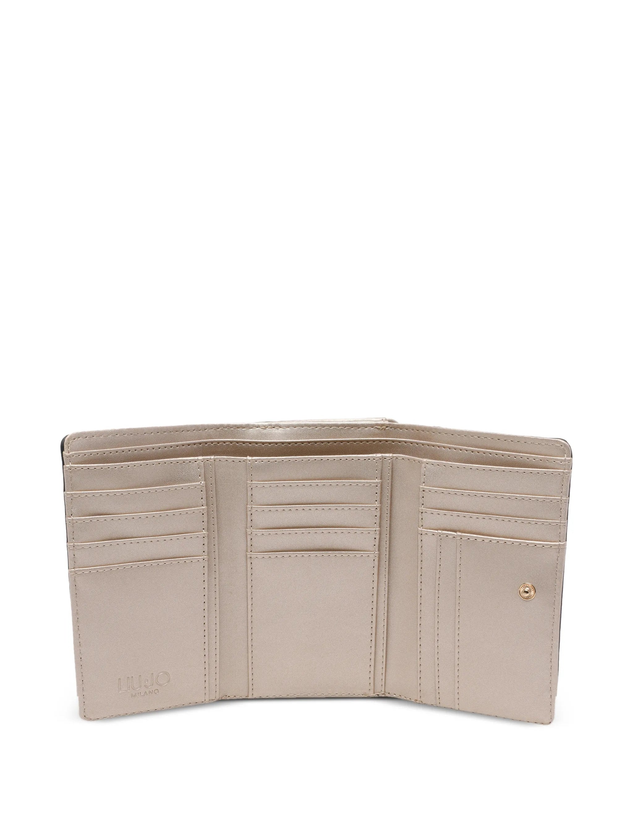 Liu Jo women's wallet in elegant design, showcasing texture and logo detail on a stylish black background.