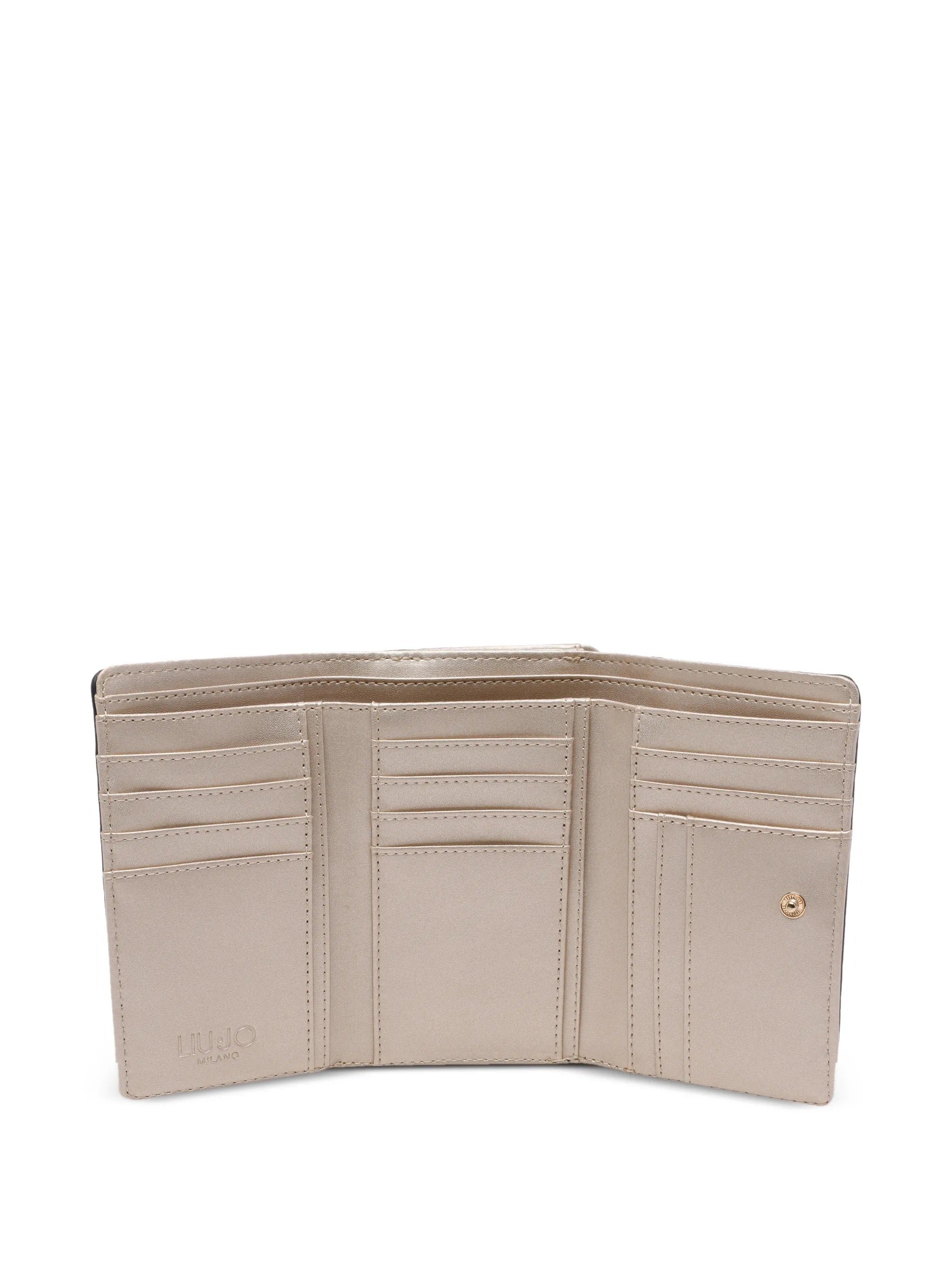 Liu Jo women's wallet in elegant design, showcasing texture and logo detail on a stylish black background.