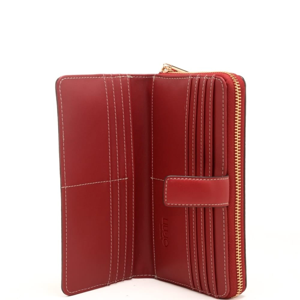 Liu Jo women's wallet showing a sleek black leather design with gold-tone accents and multiple card slots.