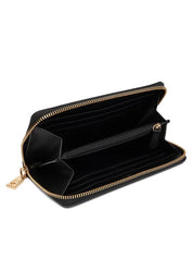 Love Moschino women's wallet, stylish accessory with bold design and branded logo, open to reveal multiple card slots and interior pockets.