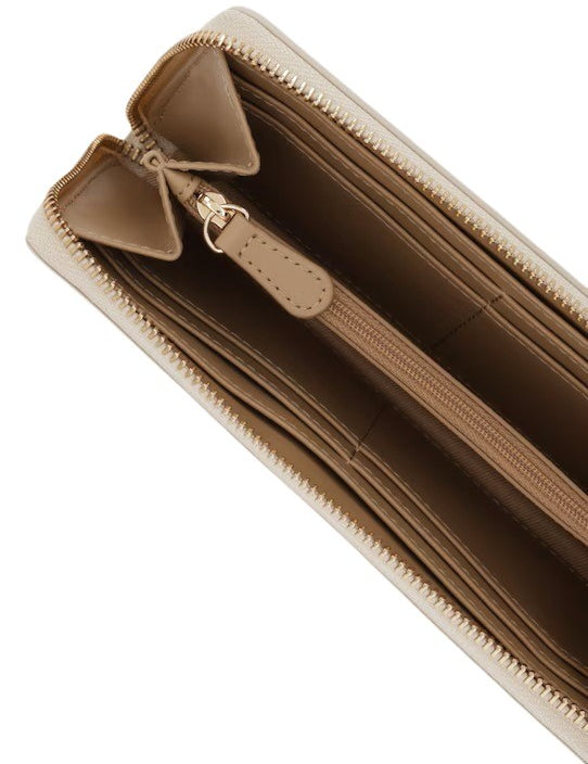 Love Moschino women's wallet with colorful logo design, compact leather accessory for women, featuring multiple card slots and zip closure.