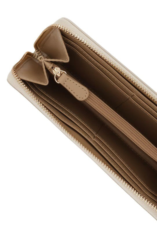 Love Moschino women's wallet with colorful logo design, compact leather accessory for women, featuring multiple card slots and zip closure.