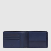 Black Piquadro Lyss men's wallet with multiple card slots and a sleek leather design, displayed open showing interior compartments.