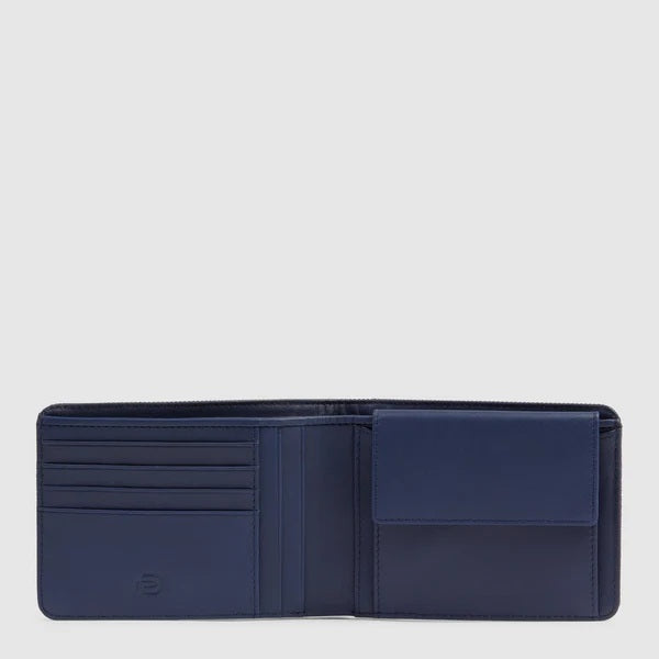 Black Piquadro Lyss men's wallet with multiple card slots and a sleek leather design, displayed open showing interior compartments.