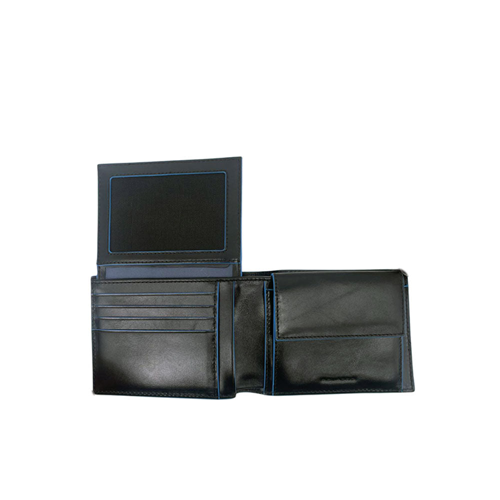Blue Square Piquadro wallet for men, featuring a sleek design with textured material and multiple card slots.