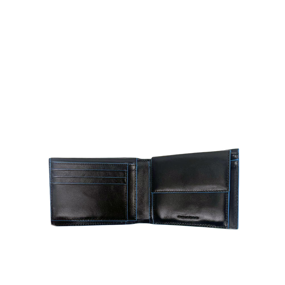 Blue Square Piquadro wallet for men, featuring a sleek design and quality craftsmanship in a close-up view.