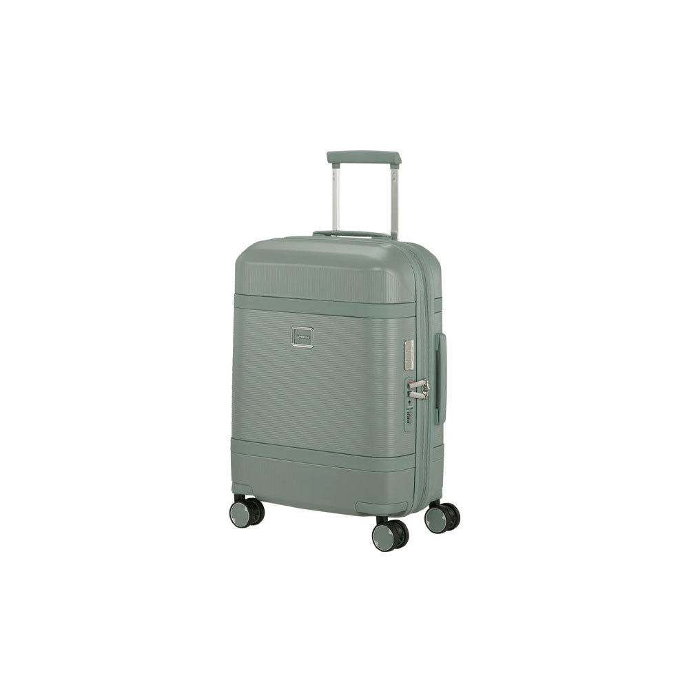 Samsonite cabin trolley luggage with hard shell in black, unisex travel accessory with wheels and retractable handle.