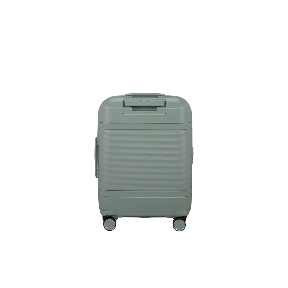 Samsonite cabin trolley bag with sturdy handle and four wheels, designed for lightweight travel and easy maneuverability.