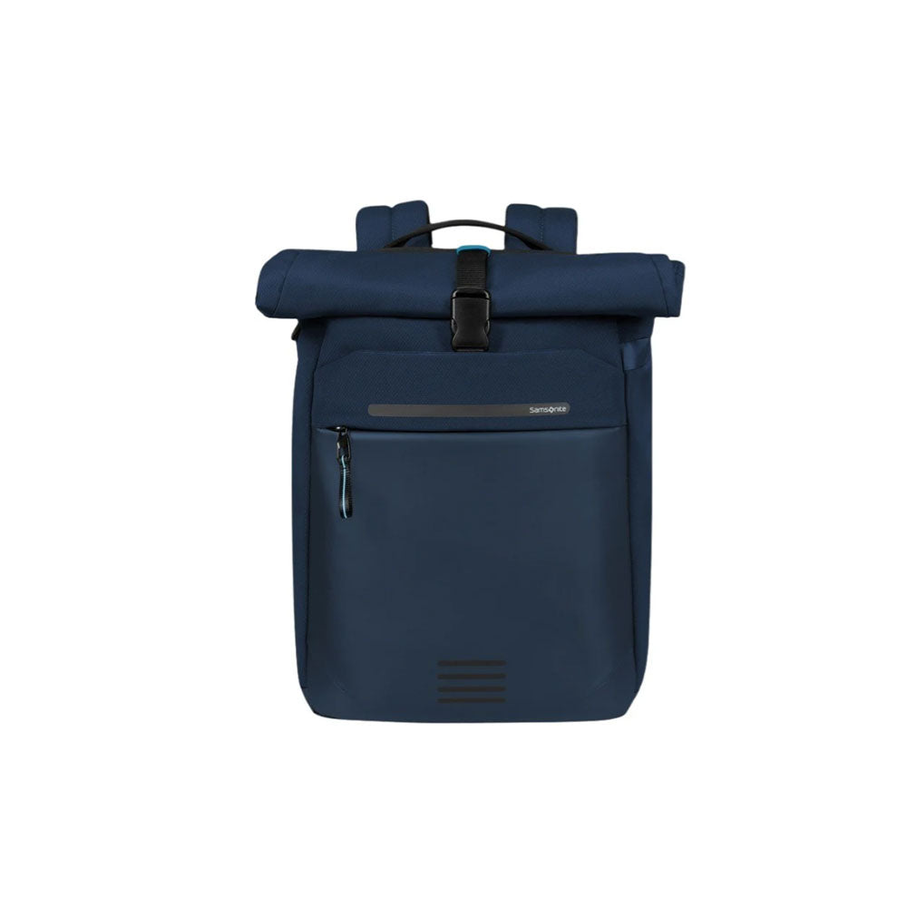 Zaino rolltop Samsonite modello Moderny blu, per laptop 15.6", visto frontalmente su sfondo bianco.