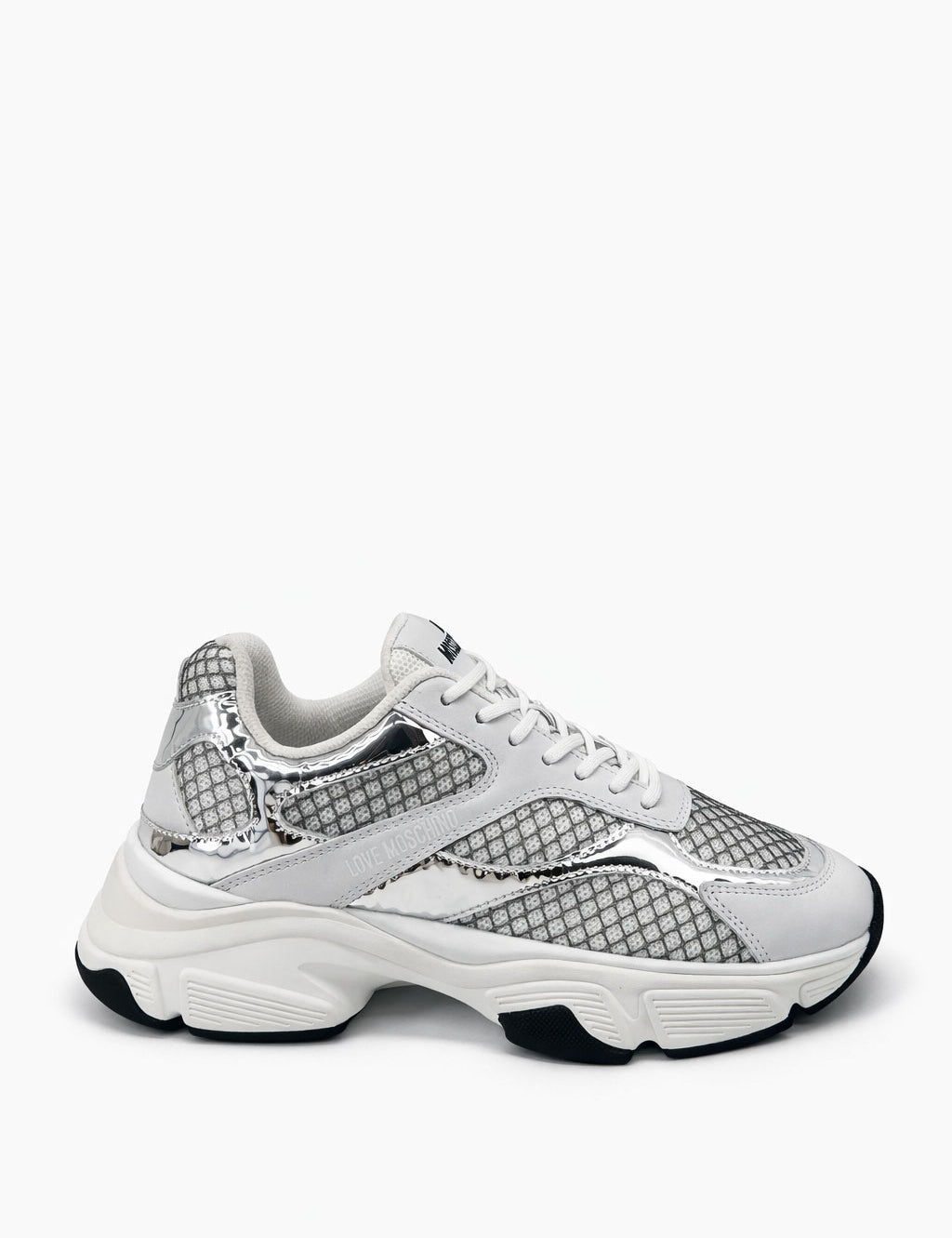 Silver Stardust Moschino sneakers for women, stylish casual footwear with metallic finish and contemporary design.