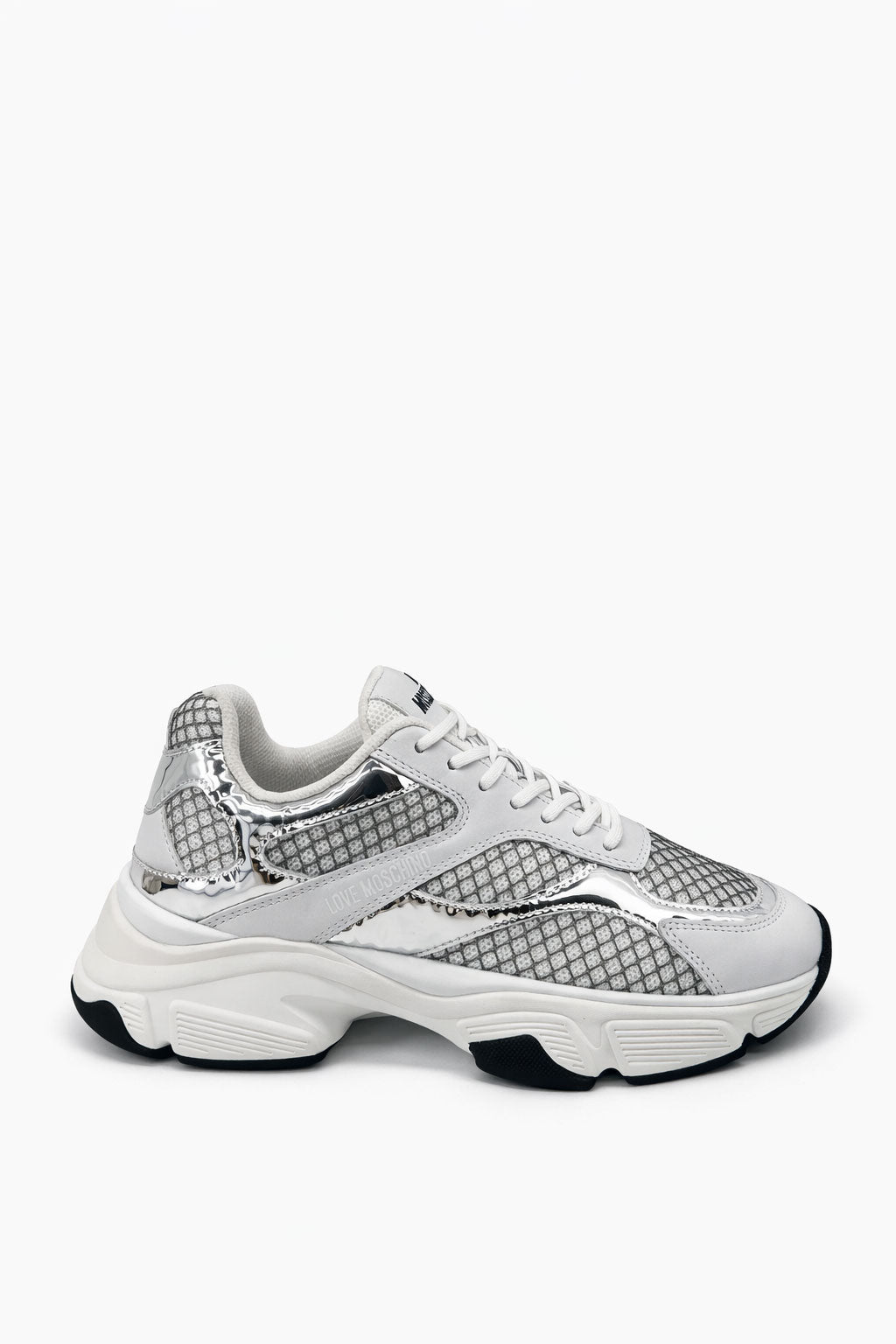 Silver Stardust Moschino sneakers for women, stylish casual footwear with metallic finish and contemporary design.