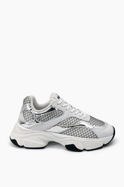 Silver Stardust Moschino sneakers for women, stylish casual footwear with metallic finish and contemporary design.