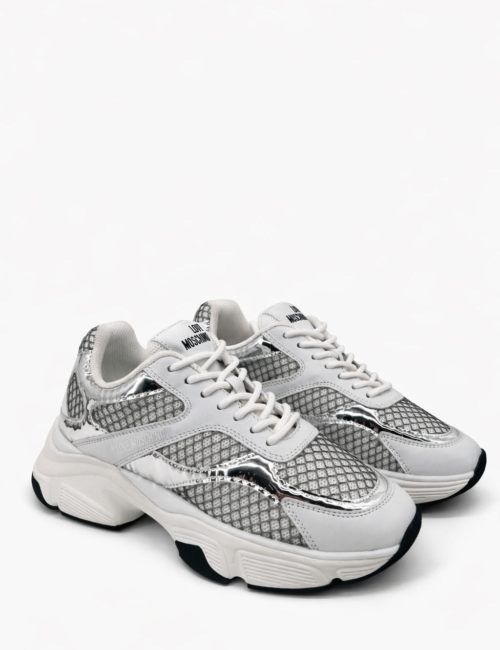 Silver Stardust Moschino sneakers for women, stylish casual footwear with a shiny metallic finish and comfortable design.