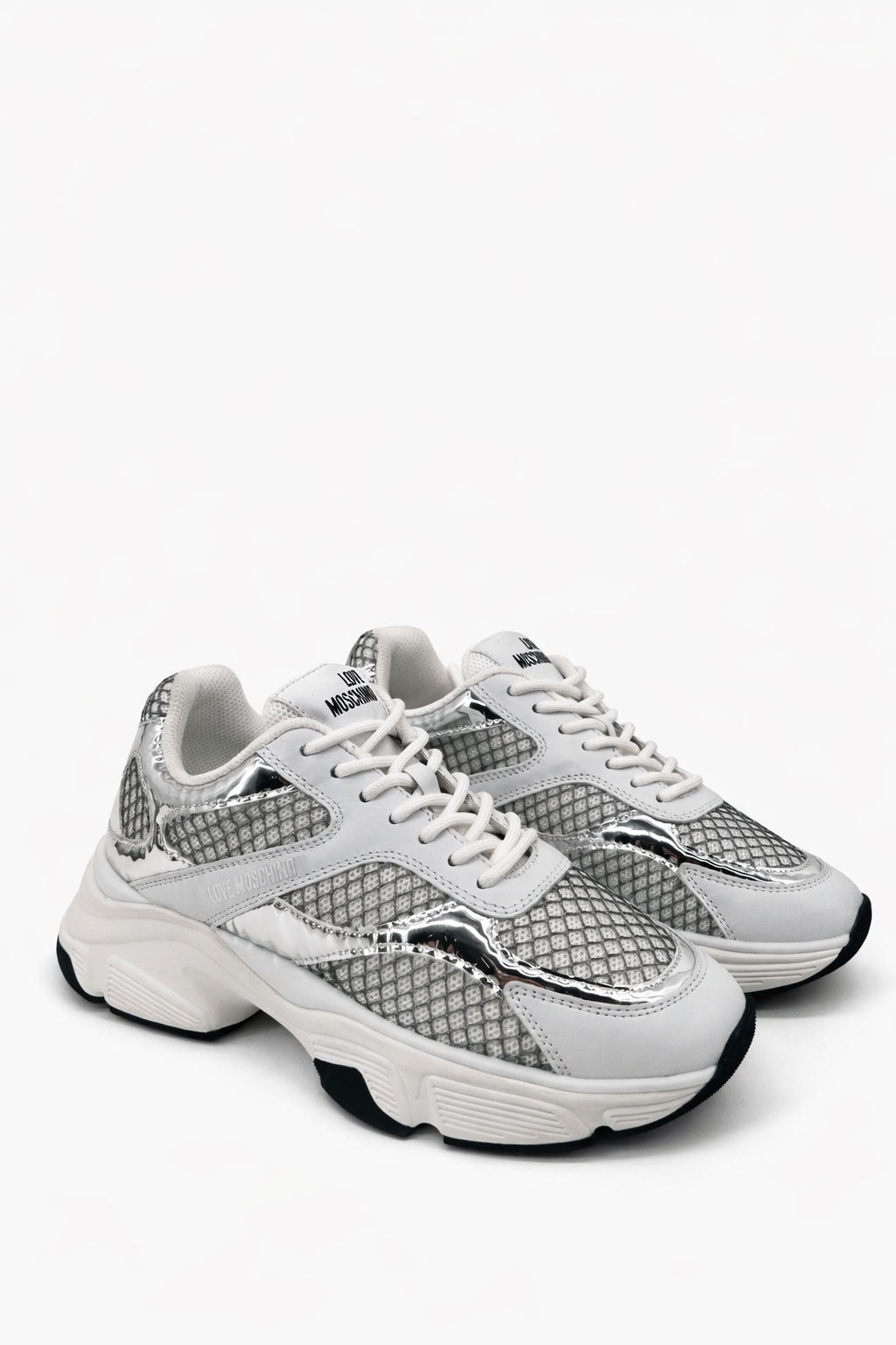 Silver Stardust Moschino sneakers for women, stylish casual footwear with a shiny metallic finish and comfortable design.