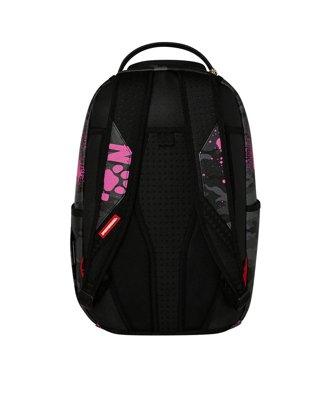 Unisex Sprayground Peanuts Snoopy Pink stencil backpack with zipper closure and adjustable straps, featuring colorful Snoopy design.