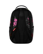 Unisex Sprayground Peanuts Snoopy Pink stencil backpack with zipper closure and adjustable straps, featuring colorful Snoopy design.