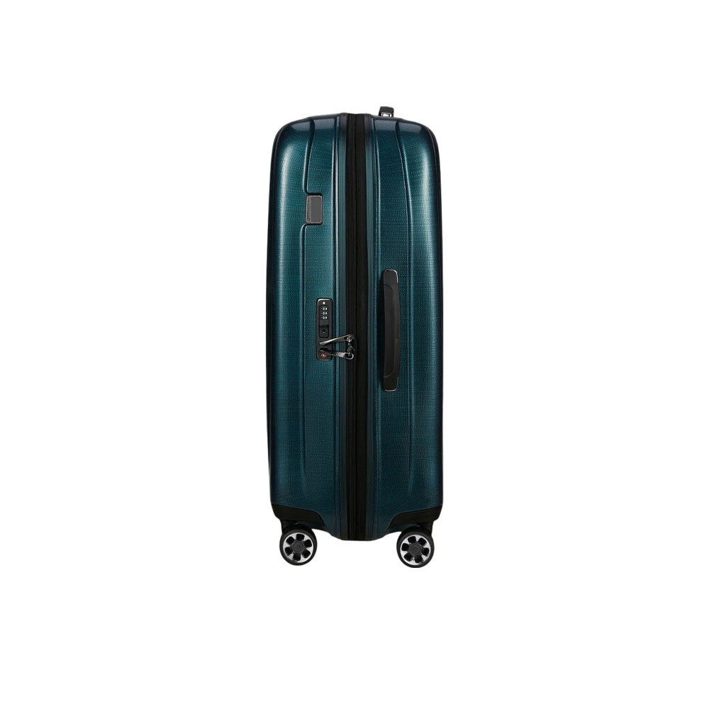 Large Samsonite Nexis Exp trolley in black with sturdy wheels and telescopic handle, ideal for unisex travel and business trips.