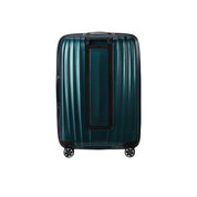 Large Samsonite Nexis Exp trolley with four wheels, black hard-shell case, ergonomic handle, suitable for unisex travel.