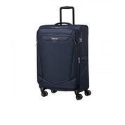 Large American Tourister SummerRide spinner trolley with expandable design, unisex travel luggage on four wheels.